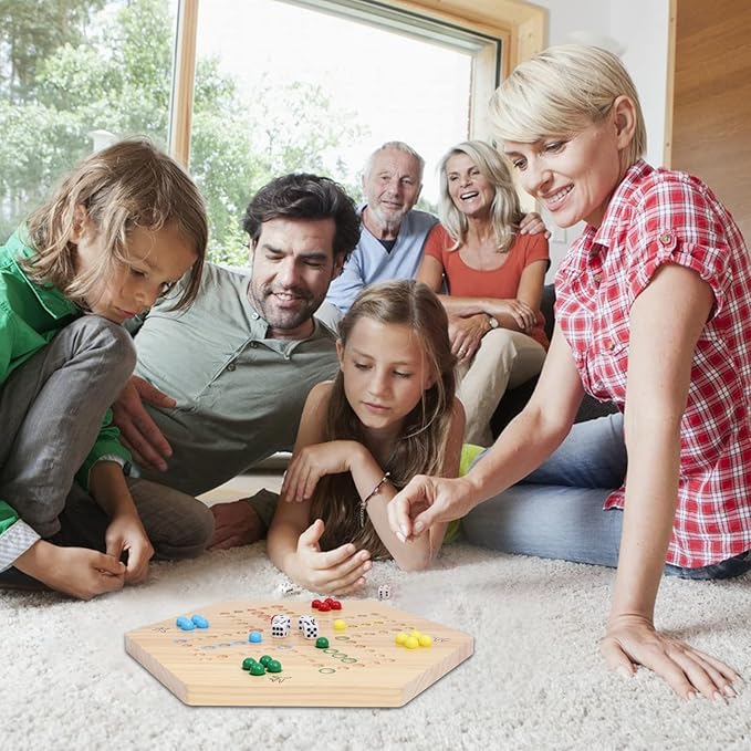 HOROW Wahoo Board Game Wooden Original Board Game 15 inch Classic 2 Side Painted Fast Track Game for 4 Player and 6 Player with 30 Marbles,6 Dices for Family Game Night