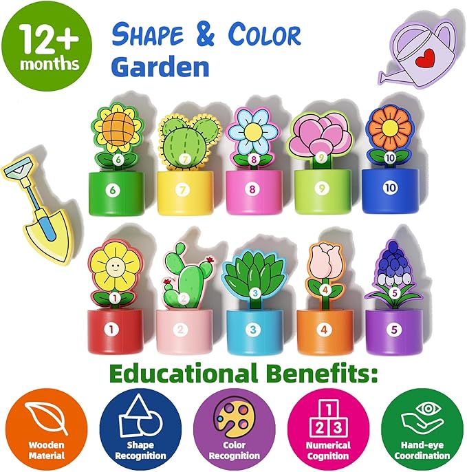 GJZZ Montessori Shape and Color Sorting Toys - Wooden Pretend Play Gardening Set with Stand for 2 3 Year Old Girls Boys, Number Cognition for Toddler Kids, Fine Motor Skills
