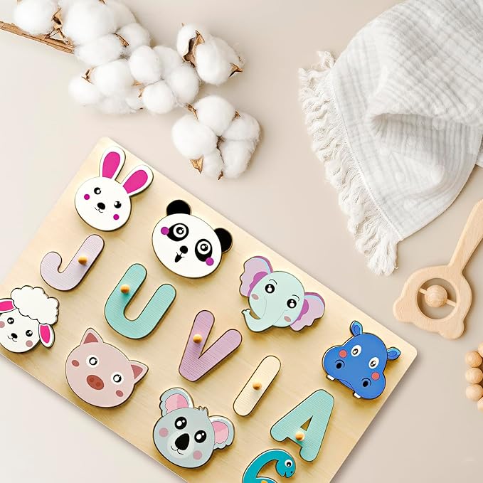Personalized Name Puzzle for Toddlers - Custom Wooden Jigsaw Puzzles with Animals, Montessori Learning Toys, Baby Birthday Gift for 1, 2, 3 Year Old Boy or Girl (Name Puzzle-01)