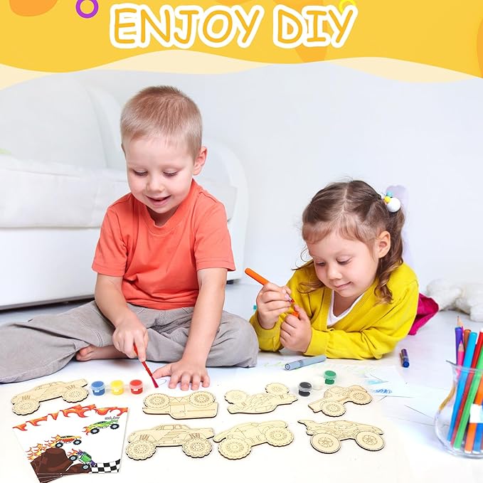 LARDUX Monster Truck Party Favors, 24PCS DIY Wooden Arts & Crafts Painting Kit for Kids, Glow in The Dark Party Favors Family Crafts Birthday Party Christmas Gifts Toys for Boys Girls