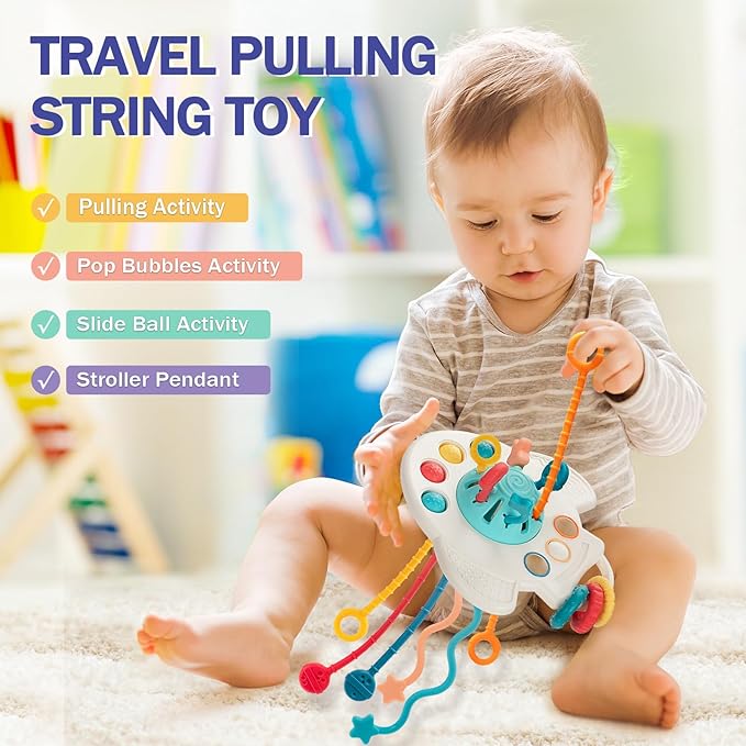 Baby Toys 6 to 12 Months, 5 In 1 Montessori Toys for 1 Year Old, Incl Travel Pull String Toy & Rattle Teether & Stacking Baby Block & Soft Infant Ring & Sensory Ball for Toddler 0-3-6-9-12 Month