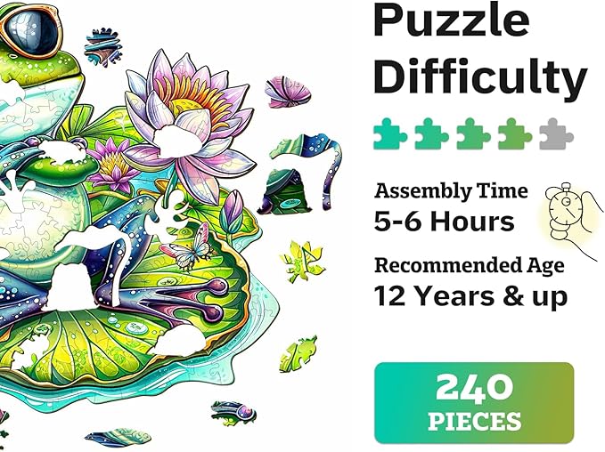 Jigfoxy Wooden Puzzle for Adults, Leisurely Frog Wooden Jigsaw Puzzles for Adult, Unique Animal Shape Wood Cut Puzzles, Christmas Thanksgiving Gifts for Friends Family (L-13.4 * 12.4in-240pcs)