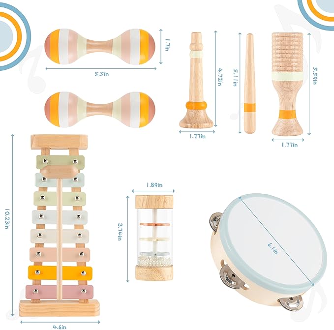 VINJOE Baby Musical Instruments - Montessori Musical Toys for Toddlers 1-3, Neutral Colors Wooden Instruments Set for Kids Preschool Educational 3+ Early Learning Musical Toys Birthday Gifts