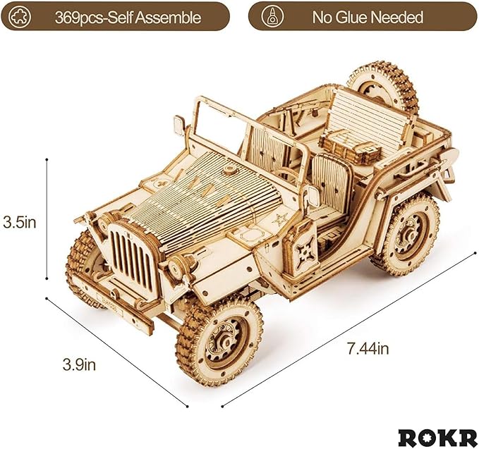 ROKR 3D Wooden Puzzle for Adults-Mechanical Car Model Kits-Brain Teaser Puzzles-Vehicle Building Kits-Unique Gift for Kids on Birthday/Christmas Day(1:18 Scale)(MC701-Army Field Car)