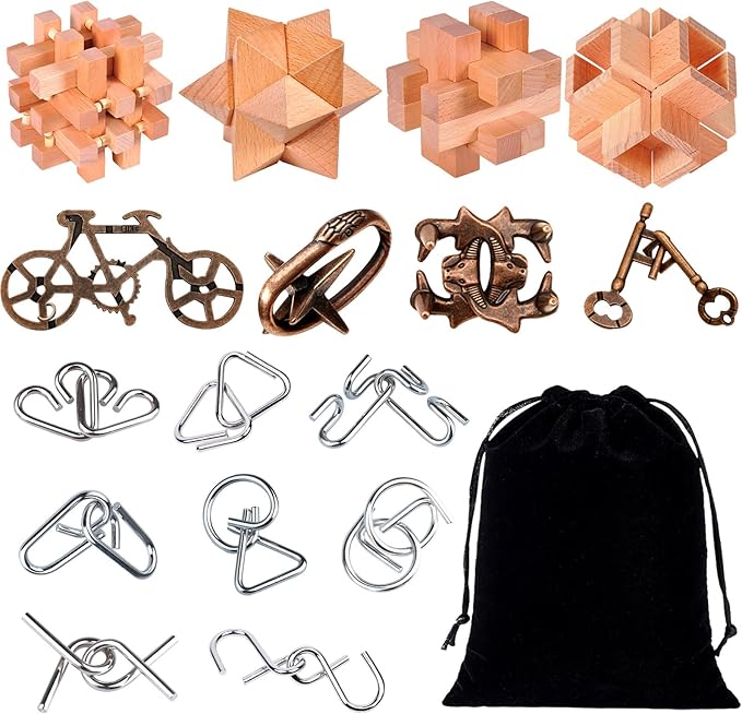 Rileryan 16 PCS Wooden Metal Brain Teasers for Adults 3D Brain Teasers Wooden Cube