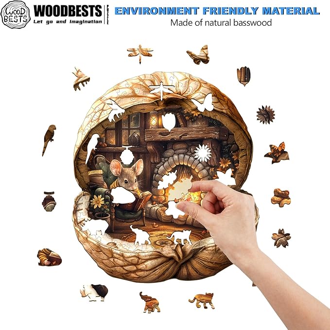 WOODBESTS Wooden Puzzles for Adults - Mouse's Walnut House, Mouse Wooden Jigsaw Puzzle, Unique Animal Wood Puzzles Adult, Xmas Gifts for Puzzle Lovers(265 Pcs, L, 13.4"x11.9")