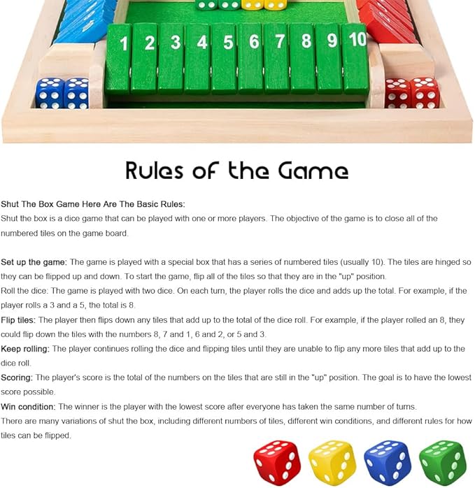 Shut The Box Game: 2-6 Player Wooden Board Math Game with 2-12 Dice | Educational Family Night Entertainment | Classic Pub Style | Funny Family Board Games (Wood-Round 4 Players)