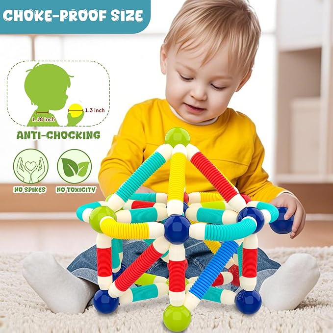 nicknack 2 in 1 Magnetic Blocks Building Toys for Kids, Toddler Boy Toys 3 4 5 Years Old, Preschool STEM Educational Montessori Toys - Magnet Pop Tubes & Balls - Birthday Gift for Boys Girls Age 3-5
