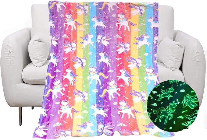 Glow in The Dark Blanket Unicorns Gifts for Girls Birthday Gift Halloween Super Cute Soft Cozy Rainbow Unicorn Star Flannel Luminous Magic Throw Thanksgiving Decor 50"x60"