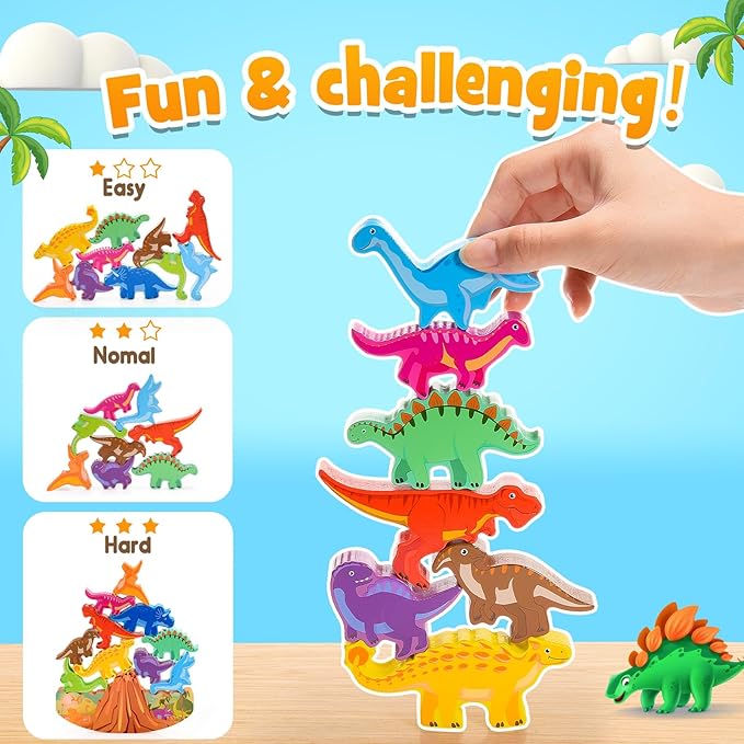 Dinosaur Toys for Kids 3-7 Kid Wooden Stacking Blocks Montessori Toy for 3 4 5 6 7 8 Year Old Boys Girls Christmas Birthday Gifts Toddler Balance Game Ages 3-5 Toys for Boy Girl Age 5-7