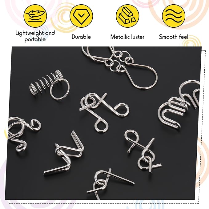 Yilloog Metal Wire Puzzle Set of 8 with Pouch, Brain Teaser Puzzles IQ Test Ring Disentanglement Unlock Interlock Game Trick Metal for Party Favor Challenge(A Style)