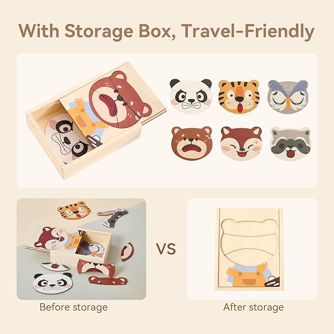 Wooden Animal Jigsaw Puzzles for Toddlers, Emotion Recognition with Expressive Animal Faces - Natural Wooden Pieces for Shape Matching, Early Learning & Fine Motor Skill Development