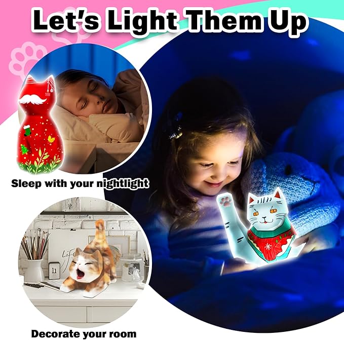 FUNZBO 3pcs Paint Your Own Cat Lamp Kit - Arts and Crafts Supplies Kitten Painting Kits for Kids Teens Adults, DIY Night Light Toy for Toddlers Girl Boy Ages 3 4 5 6 7 8 9 10 11 12 13 + Birthday Gifts