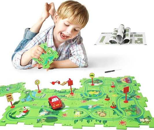 Puzzle Racer Kids Car Track Set, Plastic Puzzles for Kids Ages 3-5 with A Cute Vehicle, Toddler Puzzle Track Play Set Gift, Race Tracks for Toddler 3-5, Toys for 3 4 5 6 Year Old Boys Girls