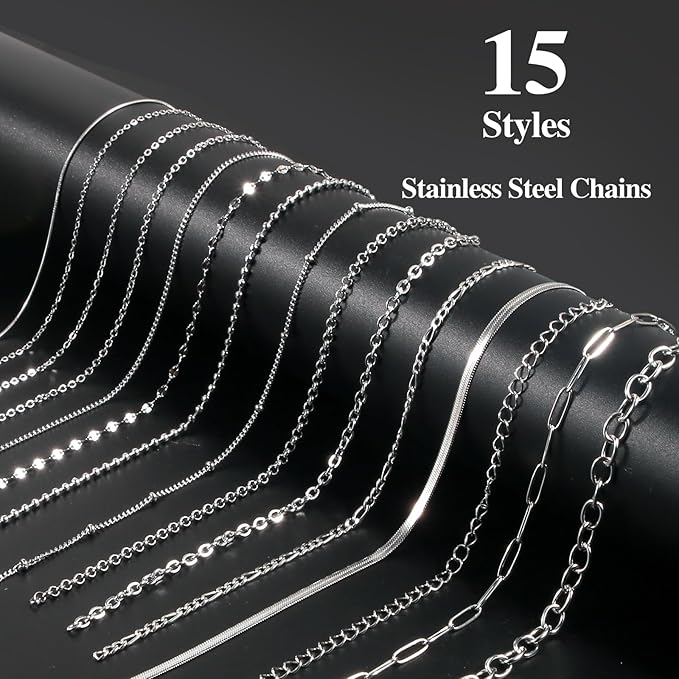 Wisreach Necklace Chains for Jewelry Making, 118 Feet 15 Rolls Stainless Steel Jewelry Chains for DIY Necklace Bracelet Making with Stainless Steel Jump Rings/Lobster Clasps/Connectors
