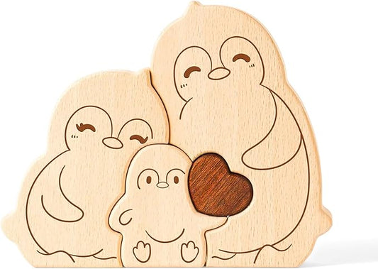 Wooden Penguin Family Puzzle Games, Personalized 3 Name Puzzle for Home Crafts Decor, House Warming Birthday Party Gifts for Mom Dad Grandma Kids New Baby, Wooden Penguin Family