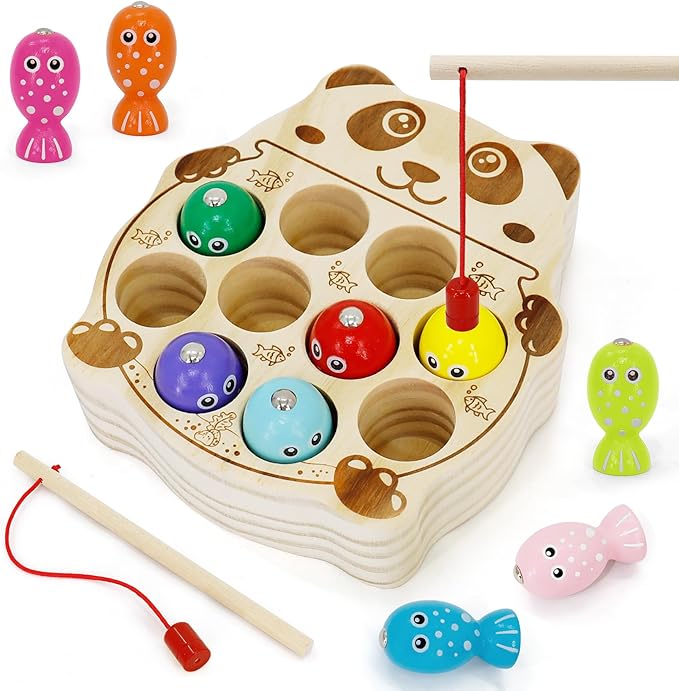 Wooden Magnetic Fishing Game, Panda Magnetic Fishing Toy for Kids 3-5, Montessori Preschool Education Learning Color Sorting Fine Motor Skill for Toddlers
