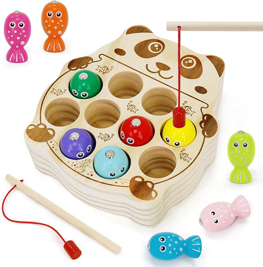 Wooden Magnetic Fishing Game, Panda Magnetic Fishing Toy for Kids 3-5, Montessori Preschool Education Learning Color Sorting Fine Motor Skill for Toddlers