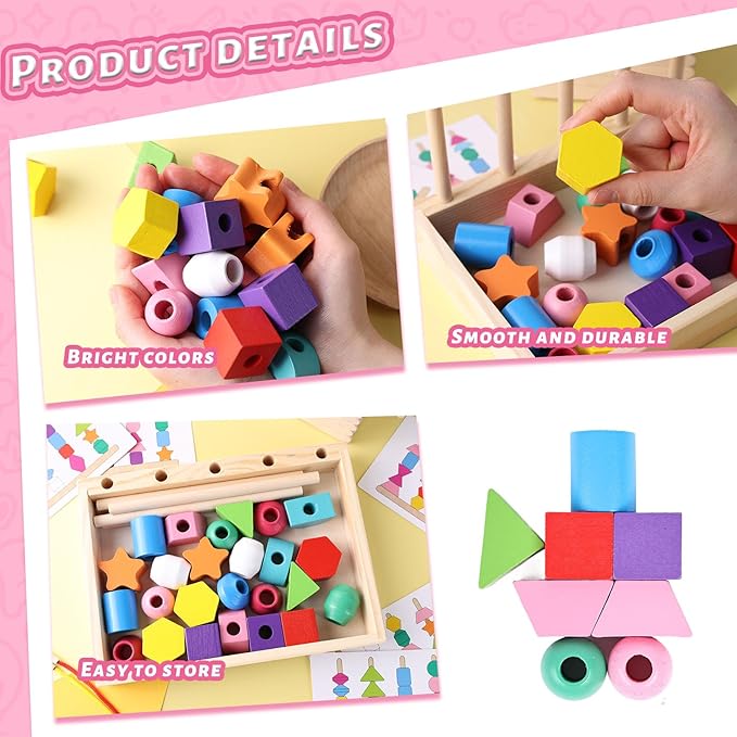 LovesTown Beads Sequencing Toy Wooden Stacking Montessori Toys for Kids Coordination and Educational Preschool Learning Toy
