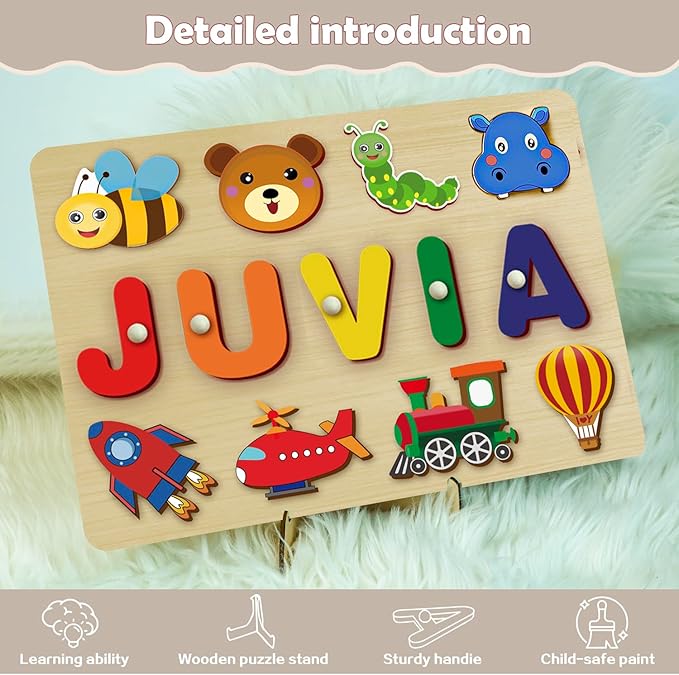 Custom Name Puzzles for Toddlers 1-3 - Name Puzzle for Kids, Personalized Wooden Animal Puzzle, Baby Gifts, Baby Shower, Christmas, Newbaby Gift, Gifts for 1 2 3 Years Old (Animals-03)