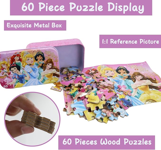 Wooden Princess Puzzles, 60 Pieces, Ages 3-5, Educational Jigsaw Puzzles for Kids, Girls and Boys Toys in Metal Box, 60 Count (0678)