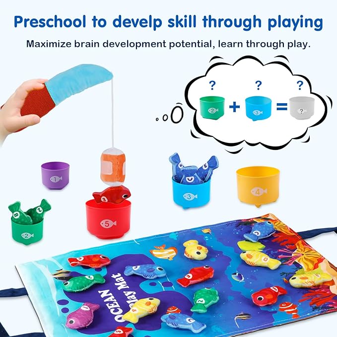 Montessori Toys for 1-2 Year Old - Toddler Fishing Game with Stacking Cups, Baby Toy 12-18 Months One Year Old Boy Girl Birthday Gift to Learn Count, Sort Colors and Shapes