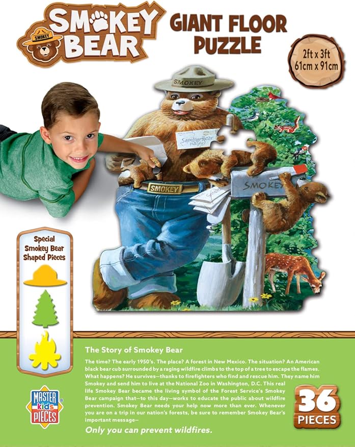 Baby Fanatics MasterPieces Floor Puzzle - Jumbo Size 36 Piece Jigsaw Puzzle for Kids - Smokey Bear Shaped - 3ftx2ft