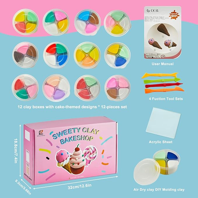 Air Dry Clay for Kids | 12 Pack DIY Modeling Clay Kit with 4 Colors Per Set & 12 Pastry Sculpting Guides | Non-Toxic, Easy to Use Arts and Crafts Gift for Boys & Girls Ages 3+