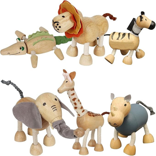 6 Pack Bendable Wooden Animal Figurines - Smooth Natural Wood Zoo & Jungle Safari Animals - Preschool Learning & Education Toys for Toddlers & Kids