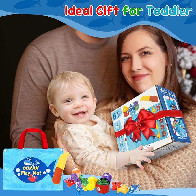 Toddler Toy Montessori Toys for 1 Year Old Boy Girl Birthday Gifts, Cloth Fishing Game for Toddlers 1-3 with Stacking Cups-Number Counting, Shape Learning, Sensory Baby 6-12 Mths