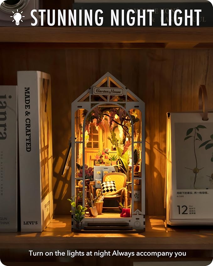 Rolife DIY Book Nook Kit Garden House, DIY Miniature Booknook Kit 3D Creative Decorative Bookend Bookshelf Insert 3D Puzzle for Adults, Halloween/Christmas Decorations/Gifts for Adults (Garden House)