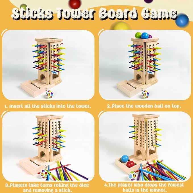 4-in-1 Board Game for Kids, Wooden Sorting & Stacking|Pick-up Sticks|Counting|Ball Drop Tower, Family Games for Kid and Adult, Montessori STEM Learning Toy for 3 4 5 6 7 8 Year Old Boy Girl