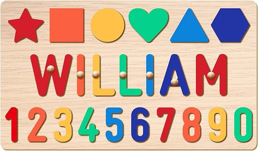 Personalized Name Puzzle - Custom Wooden Puzzle for Toddlers 1-3 - Unique Baby Shower, Christmas & 1st Birthday Gift for Boys and Girls - Keepsake Montessori Toy (Shape-Number)