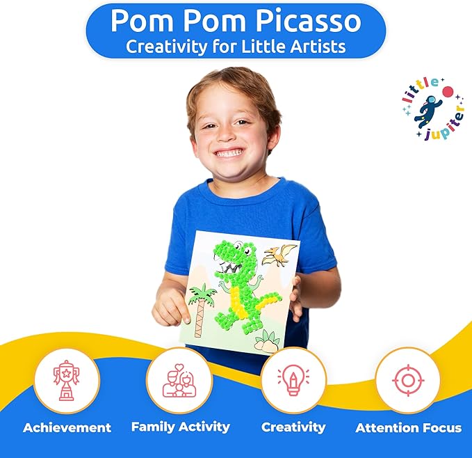 Little Jupiter DIY Pom Pom Art - Makes 3 Art Pieces -Boy & Girl Crafts for Kids Age 3-5 - Toddler Crafts - Pom Pom Arts and Crafts - Art Projects for Kids - (Set 1 -Lion, Shark, Dinosaur)