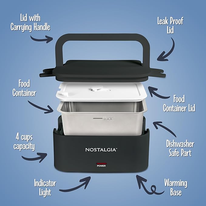 Nostalgia 32-Ounce Heated Electric Lunch Box – Travel Size 4 Cup Capacity for Soup, Pasta, and Leftovers – Leak-Proof Silicone Sealed Lid, Foldable Carry Handle, Detachable Cord – Black