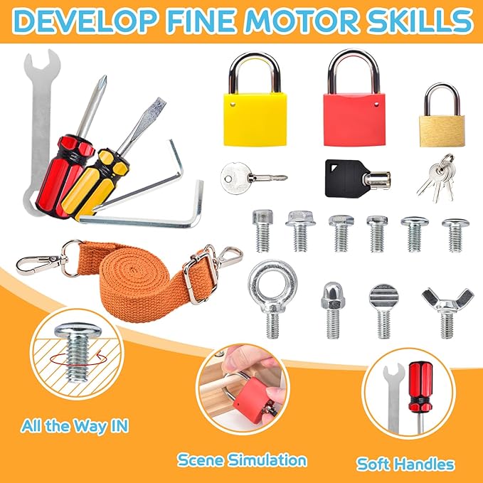 Montessori Screwdriver Board -Lock and Key Toy Set for Kids, Storage Wooden Tools Preschool Toys for 3 4 5 +Year Old, Fine Motor Skills Toys