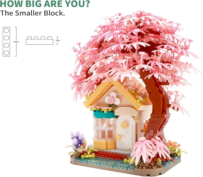 Mirco Block Pink Wishing Tree House Building Block Set,1500 PCS for Adults and Kids, Construction Set