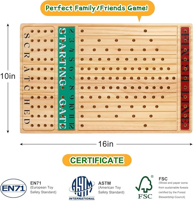 Horse Race Board Game – Thickened Wooden Chessboard with 11 Metal Horses, 2 Dice & 2 Card Decks, Family-Friendly Horse Racing Game for Kids, Adults, Friends & Strategy Game Nights