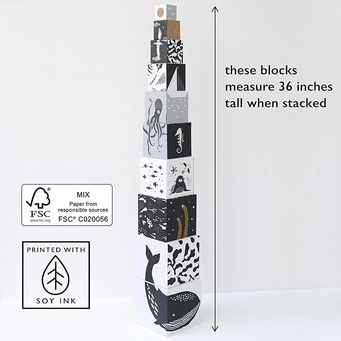 Wee Gallery Nesting Blocks, Stacking Toys for Toddlers and Kids, Educational Blocks with Numbers and Animal Illustrations for Motor Skills, Counting and Early Learning (Ages 2 & Up), Ocean Animals