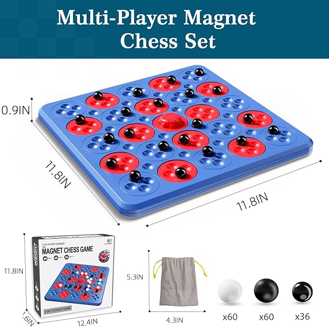 Magnetic Game Chess, Magnet Game, Magnetic Board for Kids Adults Family Games Night, 2 in 1 Multiplayer Magnetic Games with 36 Stones & Connect-5-Piece Toys, Magnet Chess Set Gift (Blue)
