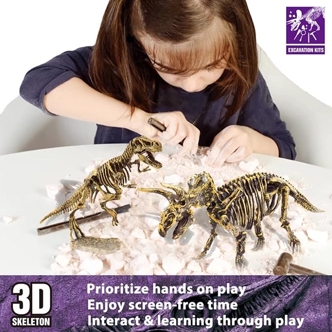 Dinosaur Fossil Dig Kit, Dino Excavation Kits for Kids, Educational Science Kits, Dinosaur Toys for Kids, Dig up 2 3D Skeleton Puzzles and 2 Dino Figures Including T-Rex, Triceratops