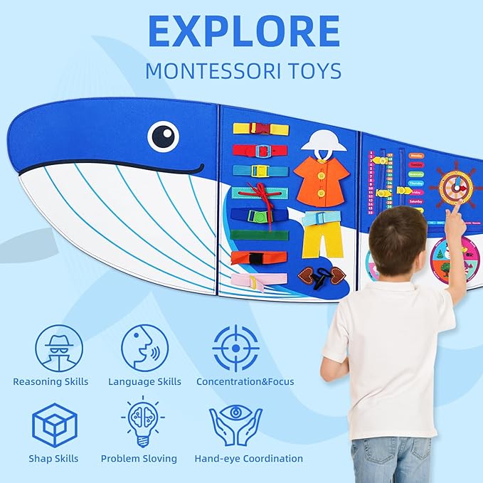 Whale Montessori Busy Board Toddler Busy Board, Foldable Montessoris Toys for 3+ Years Old, Activities Sensory Toys for Toddler Wall Panel﻿