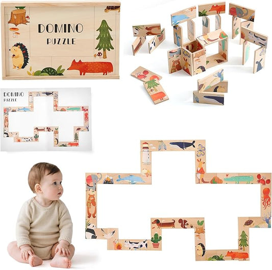 Wooden Puzzles for Toddlers Toddler Puzzles – Montessori Animal Toy Puzzle for Toddlers 3-5 Year Old – Wood Toy Learning Realistic Animals for Boy and Girl(Domino Shape)
