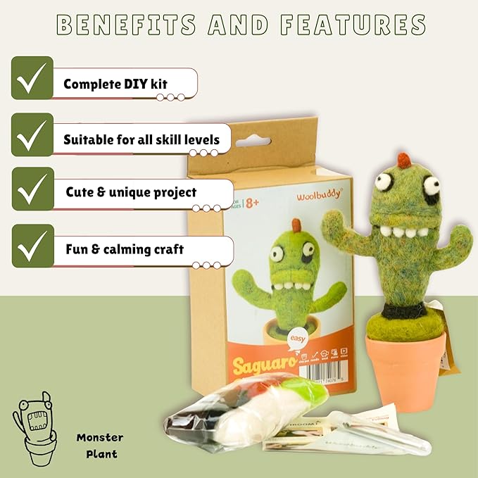 Woolbuddy Needle Felting Kit, Saguaro Monster Felting Kit for Beginner Adults, Felting Supplies and Instructions Included, Unique Design by True Artisan
