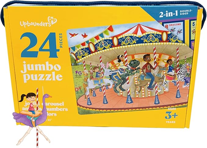 Joyful Carousel Animals Numbers and Colors - 24 Piece 2-Sided Beginnger Puzzle,Toddler Boy,Girl, Ages 3-5, Counting Activity with African American-Diverse Children at Play