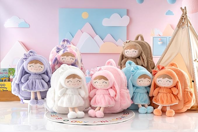 Gloveleya Back to School Gifts for Girls Toddler Backpack Kids Backpack Baby Girl Gift Plush Bag with Pure Blue Rabbit Doll 11 Inches Aged 2+