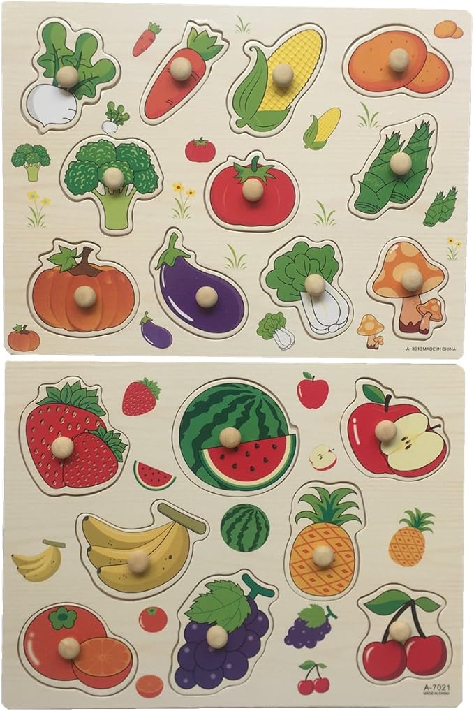 Home Learning Preschool Early Educational Development Colorful Fruit and Vegetables Wooden Peg Puzzle Jigsaw Bundle Shape Toys and Games for Age 3-7 Years Old Child Children Boys Girls