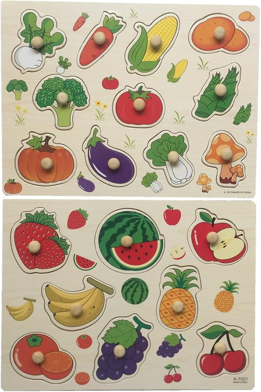 Home Learning Preschool Early Educational Development Colorful Fruit and Vegetables Wooden Peg Puzzle Jigsaw Bundle Shape Toys and Games for Age 3-7 Years Old Child Children Boys Girls