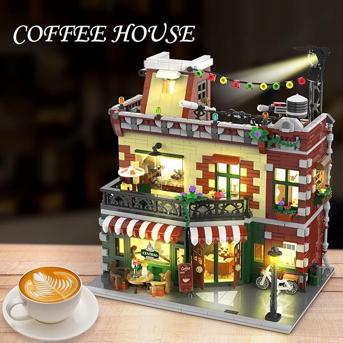Coffee House Building Set with Light, 1589 PCS City Cafe Shop Building Block Toy with Stage Street Lights, Architecture Construction Model for Adults Teens Kids Ages 10 11 12+ Boys Girls