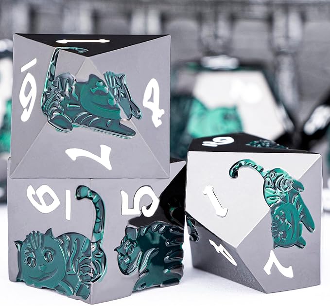 Metal DND Cat Dice 7PCS Polyhedral RPG Dice Set with Gift Case for Dungeons Dragons Role Playing Game, D and D Dice D6 D8 D10 D12 D20 D% (Green Black)